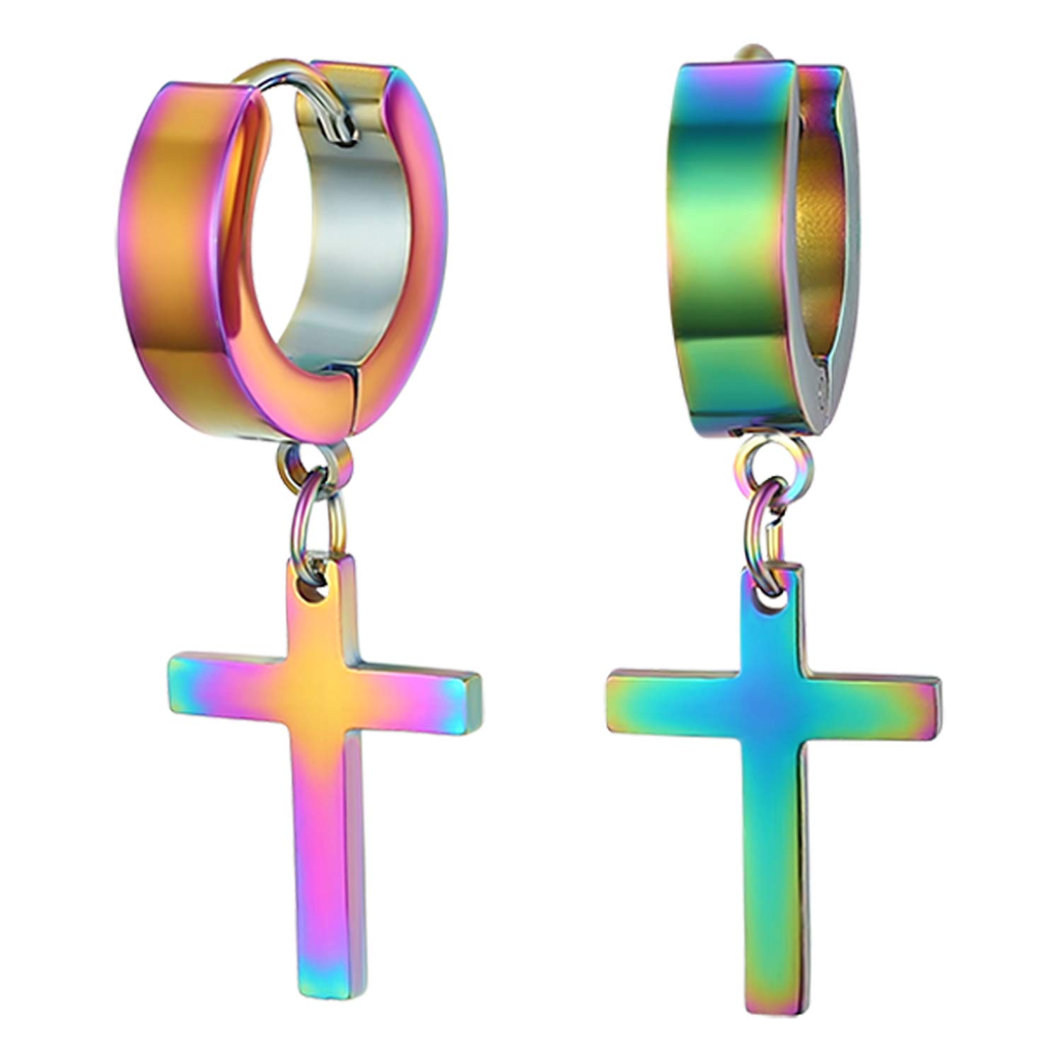 JewelryWe Men Women's Stainless Steel Cross Dangling Huggie Hinged Hoop Earrings Set, Color