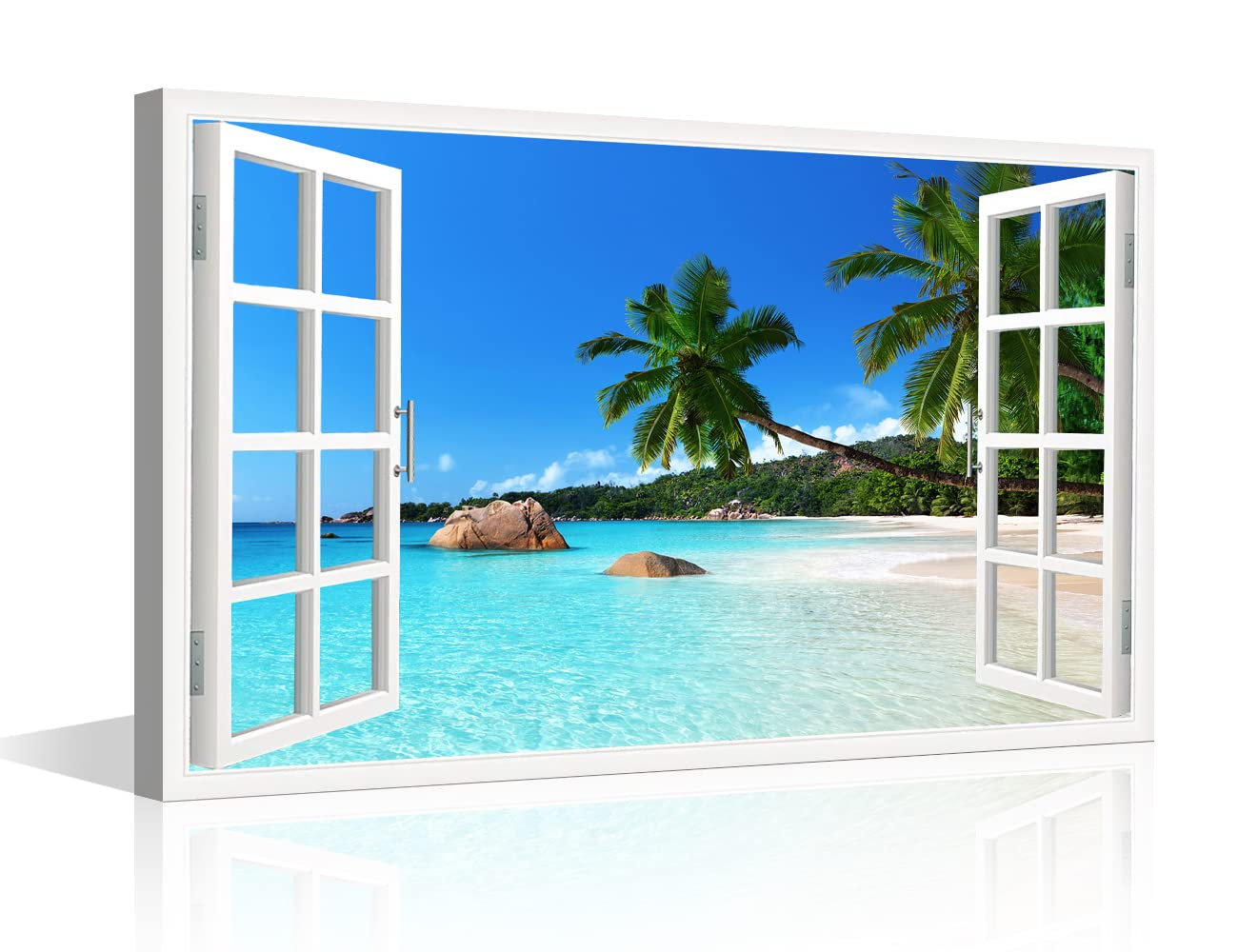 TISHIRON 3D Window Effect View Canvas Wall Art Coconut Tree Beach Seaside Landscap Pictures Kitchen for Living Room Bedroom Office Home Decorations Ready to Hang 12x18inch — image 1