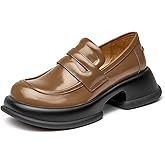 BEAU TODAY Chunky Loafers for Women, Womens Leather Penny Loafers, Comfortable Slip on Business Casual Square Toe Non-Slip Office Ladies Dress Shoes