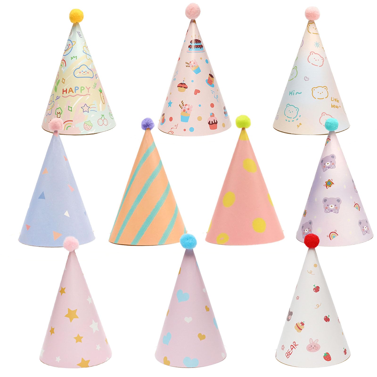 VGRDTW 10 Pack Durable Party Hats for Kids Adults - Thick Paper Birthday Hats with Elastic Band - Colorful Cone Hats for Party Decorations