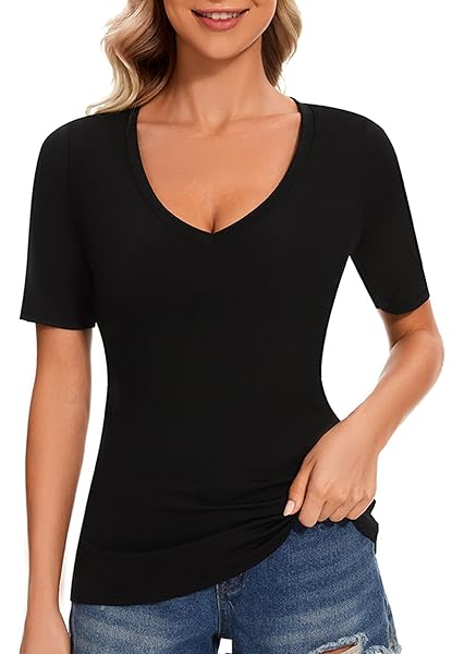 WOMENS DEEP V NECK SHORT SLEEVE LIGHTWEIGHT STYLISH SUMMER ESSENTIAL FIT T SHIRT TOPS TEE FOR WOMEN (BLACK,S)