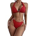 SweatyRocks Women's Ring Linked Halter Push Up Bikini Swimsuit High Stretch Bathing Suit Swimwear Set Swimming Suit Two Piece