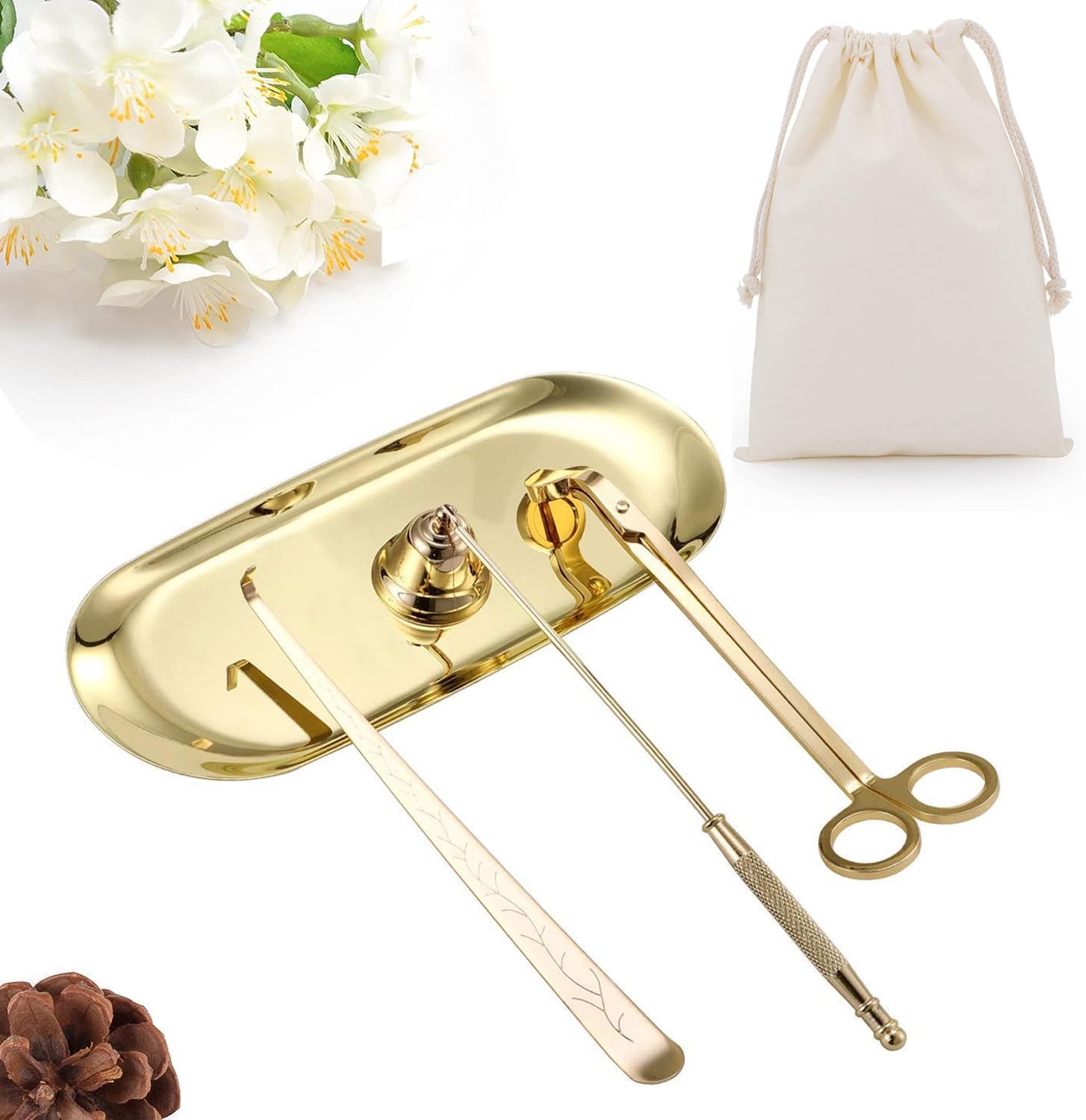QeeHeng Candle Wick Trimmer Candle Flame Snuffer with Tray 4 in 1 Candle Care Tools,Candle Stopper,Candle Cutter (Gold)
