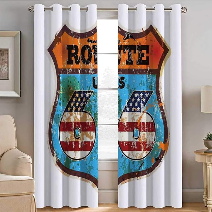 Noise Reducing Grommet Window Curtains, Route 66 Drapes for NurseryRoom, Retro