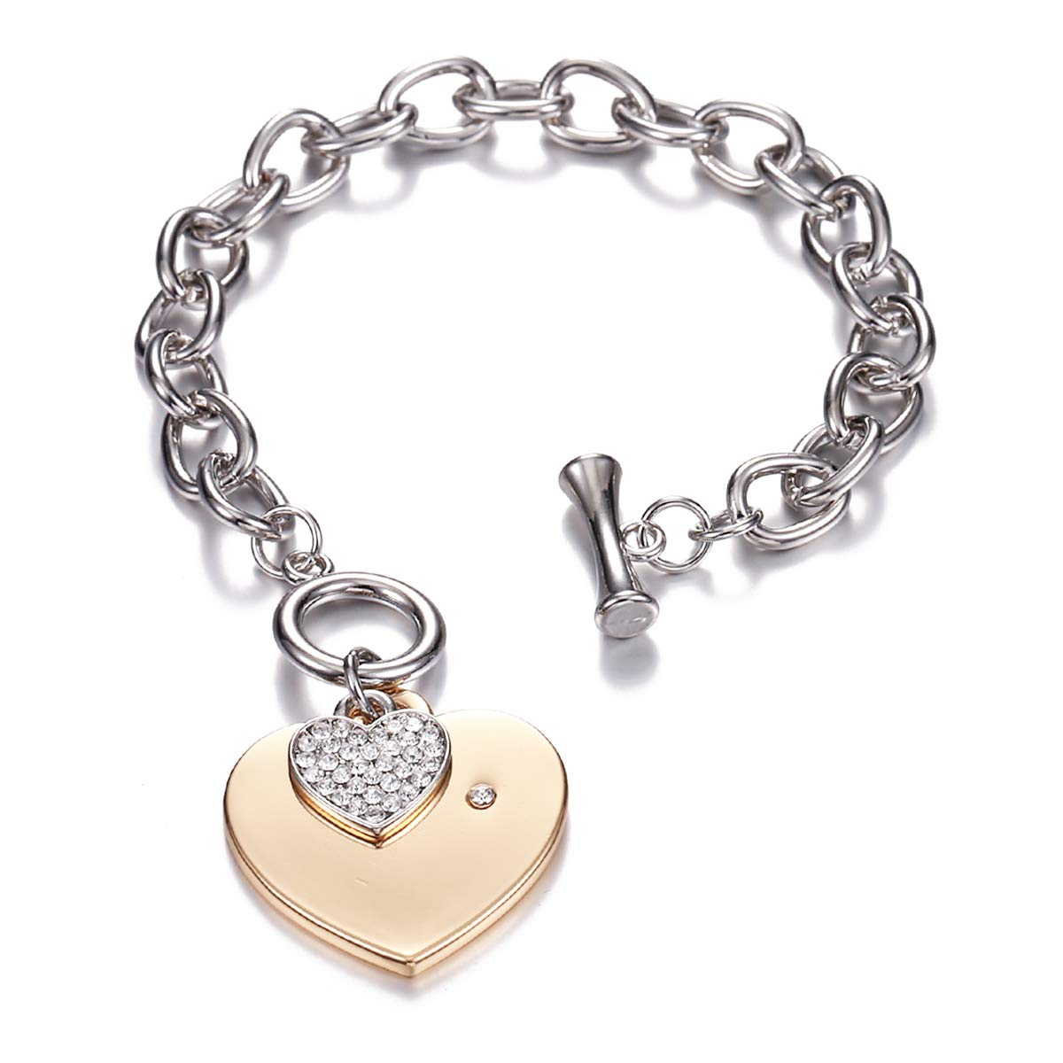 Fashion Link Chain Bracelet Love Heart Shape with CZ Crystal Pendant Bracelet Silver and Gold Plated for Women Girls (Gold plated(Big Heart))