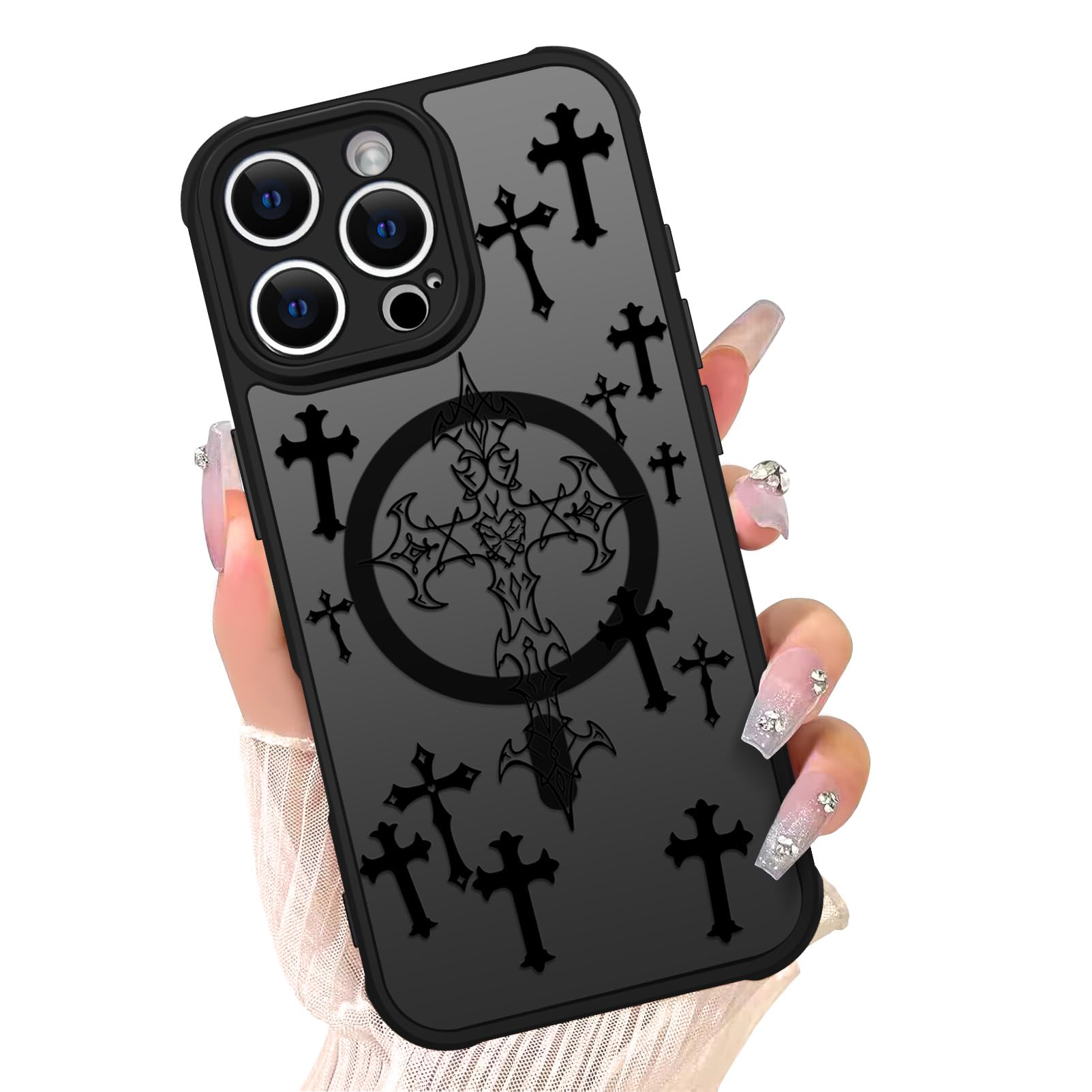 Oxytter Magnetic Case for iPhone 15 Pro Max [Compatible with MagSafe] Black Cross Jesus Christian Design Case for Women Girls Soft TPU Bumper Hard PC Anti-Fall Shockproof Protective Slim Cover A12