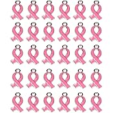Breast Cancer Awareness Charms - 30 Pcs Alloy Ribbon Pendants Hope Ribbon Pendant DIY Jewelry Craft Making Accessories (Pink)