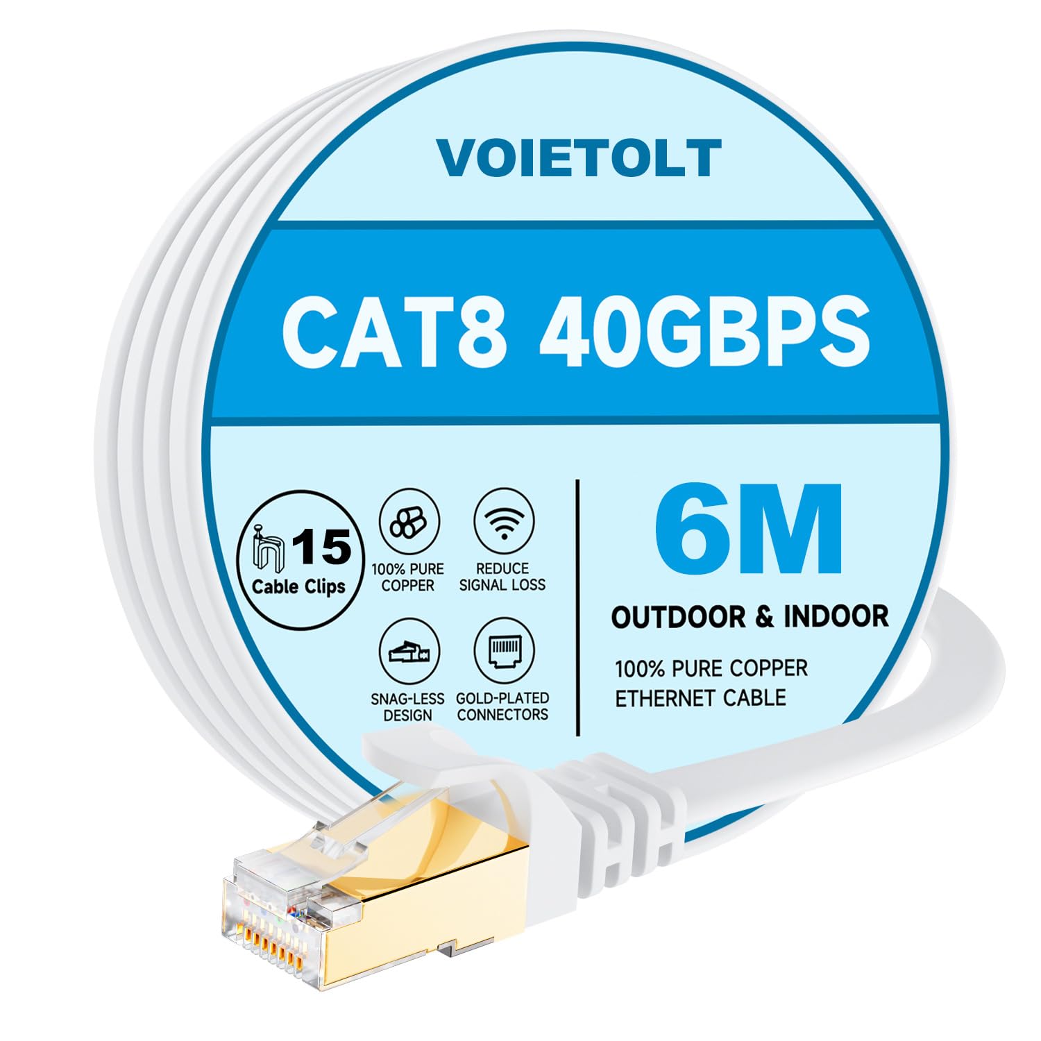 VOIETOLT Cat8 Ethernet Cable 6M, 40Gbps/2000Mhz Flat High Speed Network Cable, STP RJ45 Gigabit Cat-8 Lan Internet Cable for PS4/5, for Modem - White