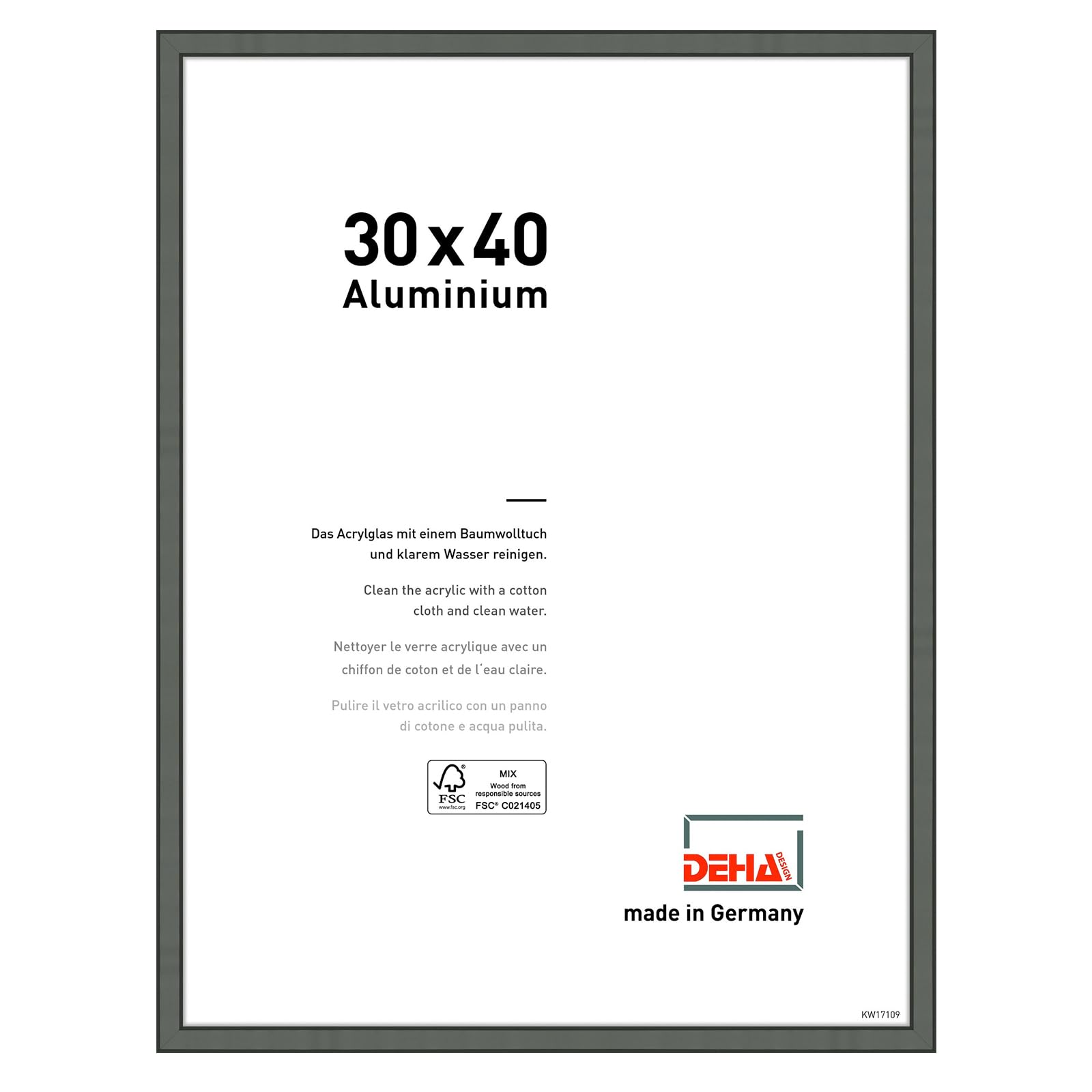 DEHA Design Boston Aluminium Picture Frame - 30x40 cm – Grey - with Synthetic Glass and Push/Turn Clips