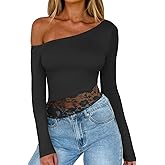 REORIA Womens Long Sleeve Crop Tops Double Lined Lace Off The Shoulder Tops Regular Fitted Shirts Y2k Trendy Going Out Tops