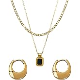 WANGSONGXUE Gold Jewelry Sets for Women Trendy - Elegant Hoop Earrings and Layered Gold Necklaces with Black Pendant, gold,biack