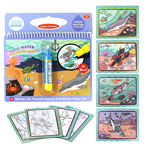 Jenilily Magic Water Drawing Book Coloring Book Doodle with Magic Pen Painting Board for Children Education Drawing Toy (H Marine Animal)
