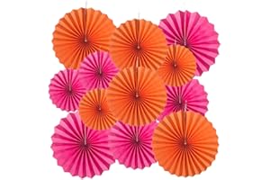 MOWO Hot Pink and Orange Paper Fans Wall Decoration Background Ceiling Hanging Decoration for Fall Autumn Thank's Giving Baby Shower Graduation Birthday Theme Party Decoration, 12pc