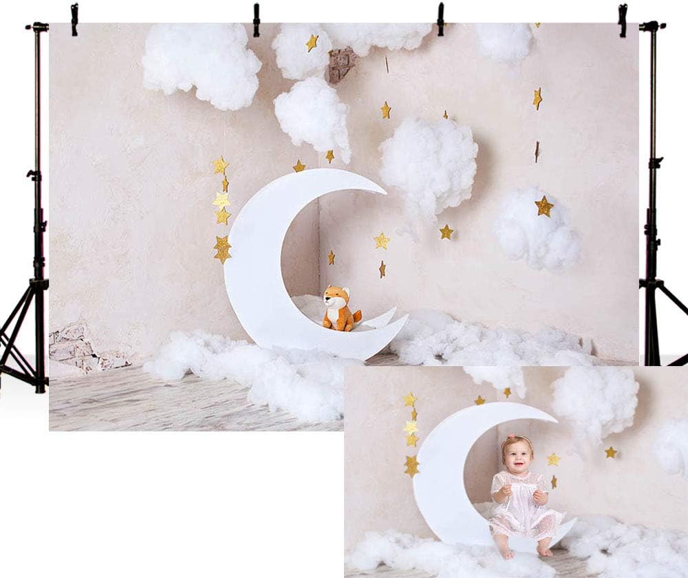 MEHOFOND 7x5ft White Moon Gold Star Photography Backdrop for Children Grey White Cloud Newborn Baby Photo Shoot Boy Girl Birthday Backdrop Banner Cake Smash Studio Photo Props