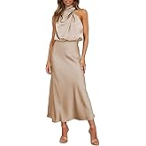 Mettclasi Women's Spring Summer Satin Sleeveless Halter Maxi Dress Elegant Formal Mock Neck Cocktail Party Evening Dress