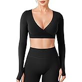 YEOREO Women Workout Long Sleeve Crop Tops Aberney Double Lined Deep V Cross Front Padded Yoga Cropped T Shirt