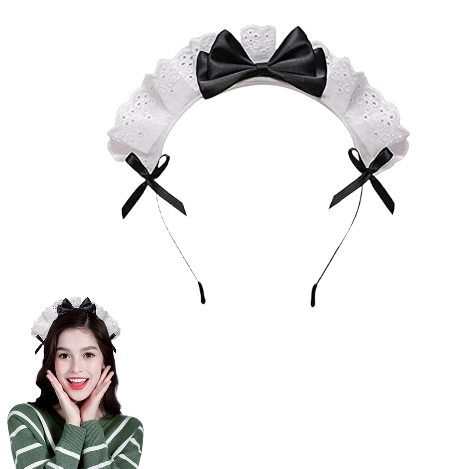 Maid Headband Bow Tie Ruffled Lace Hair Band Retro Lolita Hair Hoop for Women Girl Party Decoration Role Play Costume Parties