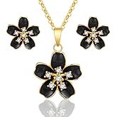 EVEVIC Cherry Blossom Flower Necklace Earrings Set for Women 18K Gold Plated Hypoallergenic Jewelry Sets (Black)