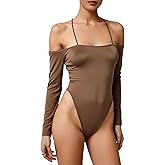 OYOANGLE Women's Solid Off-Shoulder Bodysuit Strapless Long Sleeve Party Club Leotard Tee Tops