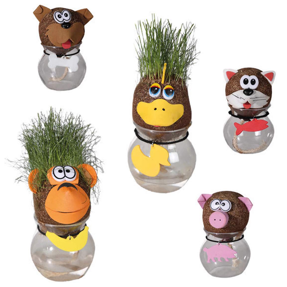 Out of the Blue Grass Head on Vase with Funny Animal Heads Flower Vase Table Decoration Set of 4
