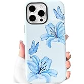 NITITOP Compatible with iPhone 13 Pro Max Case Cute Aesthetic Lily Flowers Butterfly Floral Pattern for Women Girls Glossy Hybrid 2 Layers Back Shockproof Protective Cover - Blue