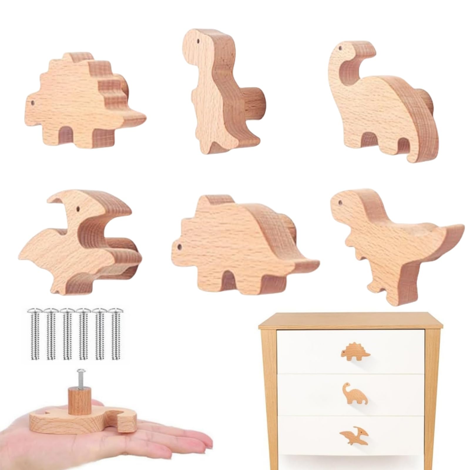 MHwan Wooden Drawer Knobs, 6 Pcs Cute Dinosaur Wardrobe Door Knobs Made of Natural Solid Wood with Natural Texture, Cute Childrens Room Decoration, Suitable for Bedroom Drawers and Wardrobes