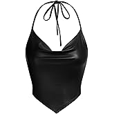 OYOANGLE Women's PU Leather Going Out Top Summer Sleeveless Draped Halter Crop Tank Cami Top