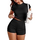 MSLG Womens Workout Sets Casual Cute Comfy Tracksuit Outfits Summer Slim Fitted Short Sleeve Tops 2 Piece Shorts Set 073