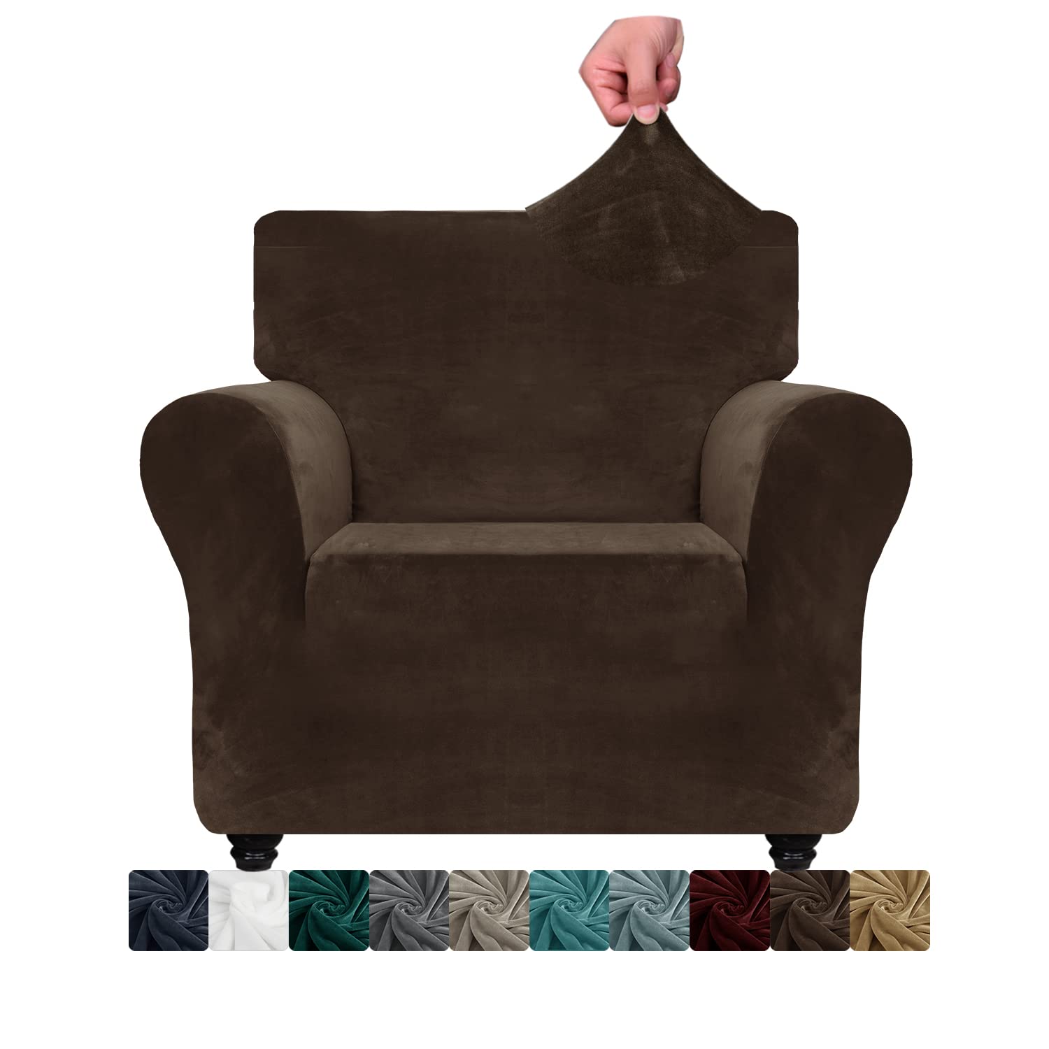 CHELZEN Velvet Chair Covers for Armchairs 1 Seater Thick Stretch Couch Covers for Dogs Pets Non-Slip Chair Slipcover with Arms Furniture Protector for Living Room (1 Seater, Dark Coffee)