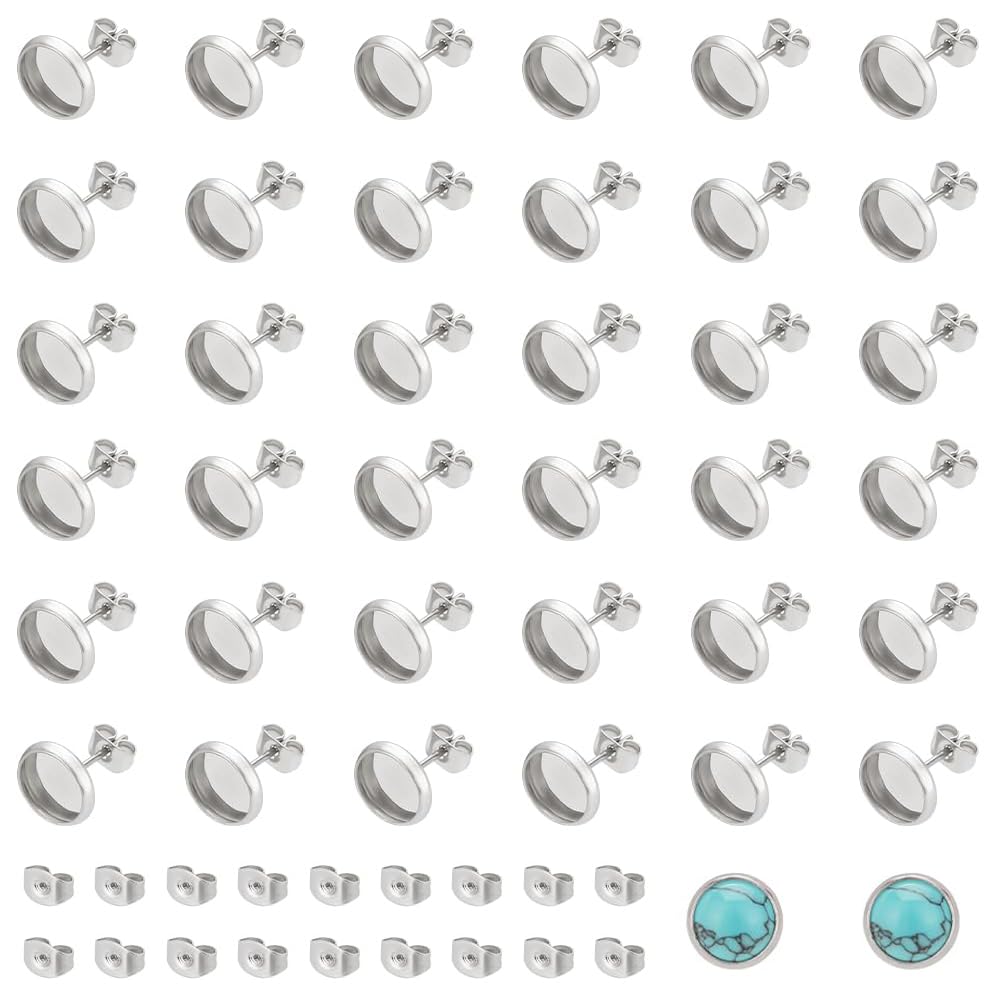 UNICRAFTALE 200pcs Flat Round 304 Stainless Steel Stud Earring Cabochon Setting Post Blank Ear Stud 8mm Tray with 100 psc Butterfly Friction Ear Nuts for DIY Earring Jewelry Making