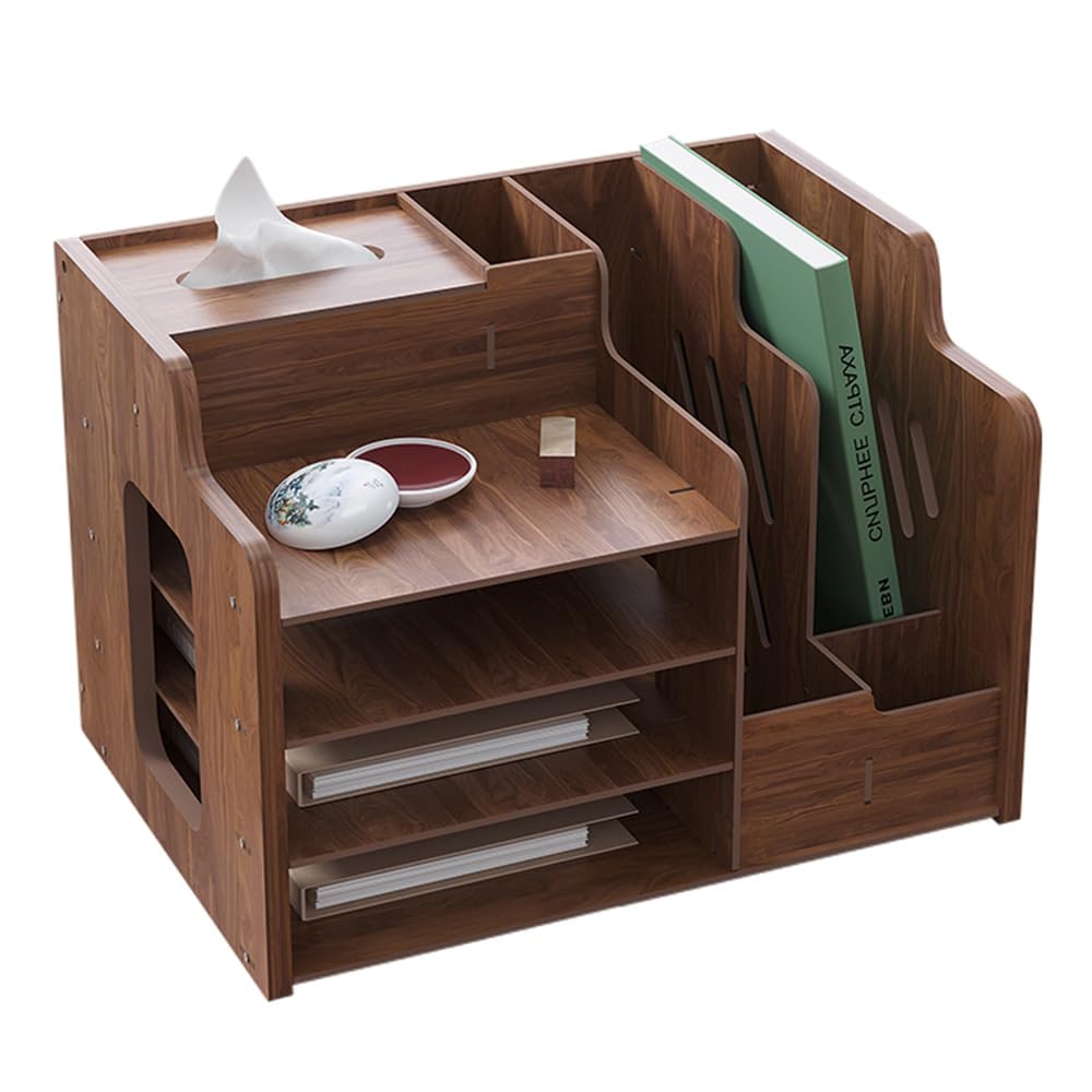 Hggzeg Wooden Desk Organiser, Large Capacity Desktop Organizer File Rack A4 Paper Document Sorter, DIY Office Supplies Storage Box for Home, Office and School (JB07 Walnut Wood)