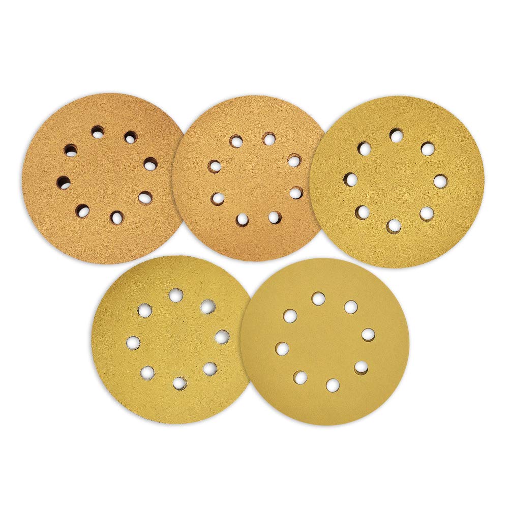 SPEEDWOX 50 Pcs Sanding Discs 5 Inch 8 Hole Assortment 10 Discs Each of 60 80 120 150 220 Assorted Grits Dustless Hook and Loop Sandpaper Yellow Finishing Discs for Automotive Variety Pack