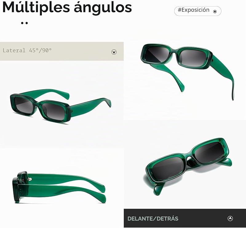Gafas de sol retro de la Sra. gafas de protección de conducción retro marco cuadrado estrecho protección uv400 (Marco verde transparente/lente degradada gris) — foto 4 de 6