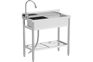 IDEALHOSUE Stainless Steel Utility Sink Station with Pull-Out Faucet, 30"x16"x40" Freestanding Single Bowl Work Sink with Sto