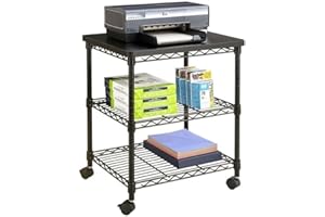 Safco Deskside 3 Tier Rolling Cart Printer Stand, Mobile Utility Table for Home Office with Steel Shelves, Black