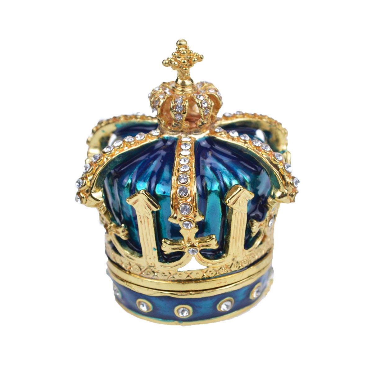 QIFU Vintage Style Hand Painted Blue Crown Shape Trinket Box With Rich Enamel And Sparkling Rhinestones