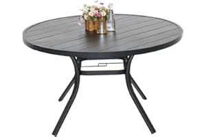 Anmutig Outdoor Patio Round Dining Table, 48"x 48" Metal Slatted Round Tabletop with Adjustable Umbrella Hole for Deck Lawn Garden Backyard Balcony Deck, Black