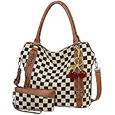 Lushandy Large Checkered Tote Bag Checkered Satchel Purse with Wallet Cherry Vintage Top Handle Hobo Handbag for Work Travel | Multi-Pocket, Cherry Keychain, Large Capacity