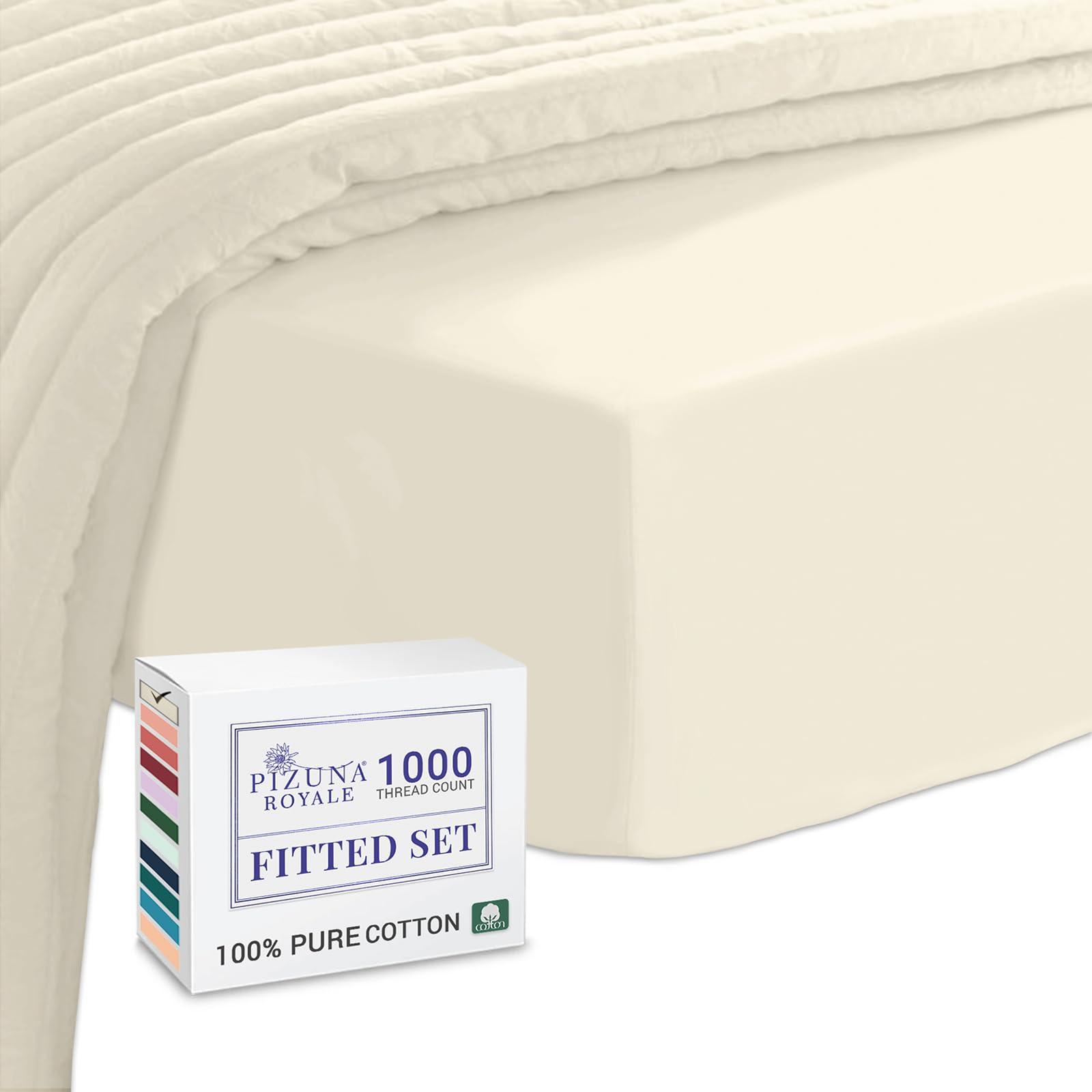 Pizuna Luxurious Cotton Single Bed Fitted Sheet Ivory, 1000 Thread Count 100% Long Staple Cotton Single Fitted Sheet 90x200 cm, Sateen Weave Thick Fitted Sheet Extra Deep 40 cm Fit - 1 PC