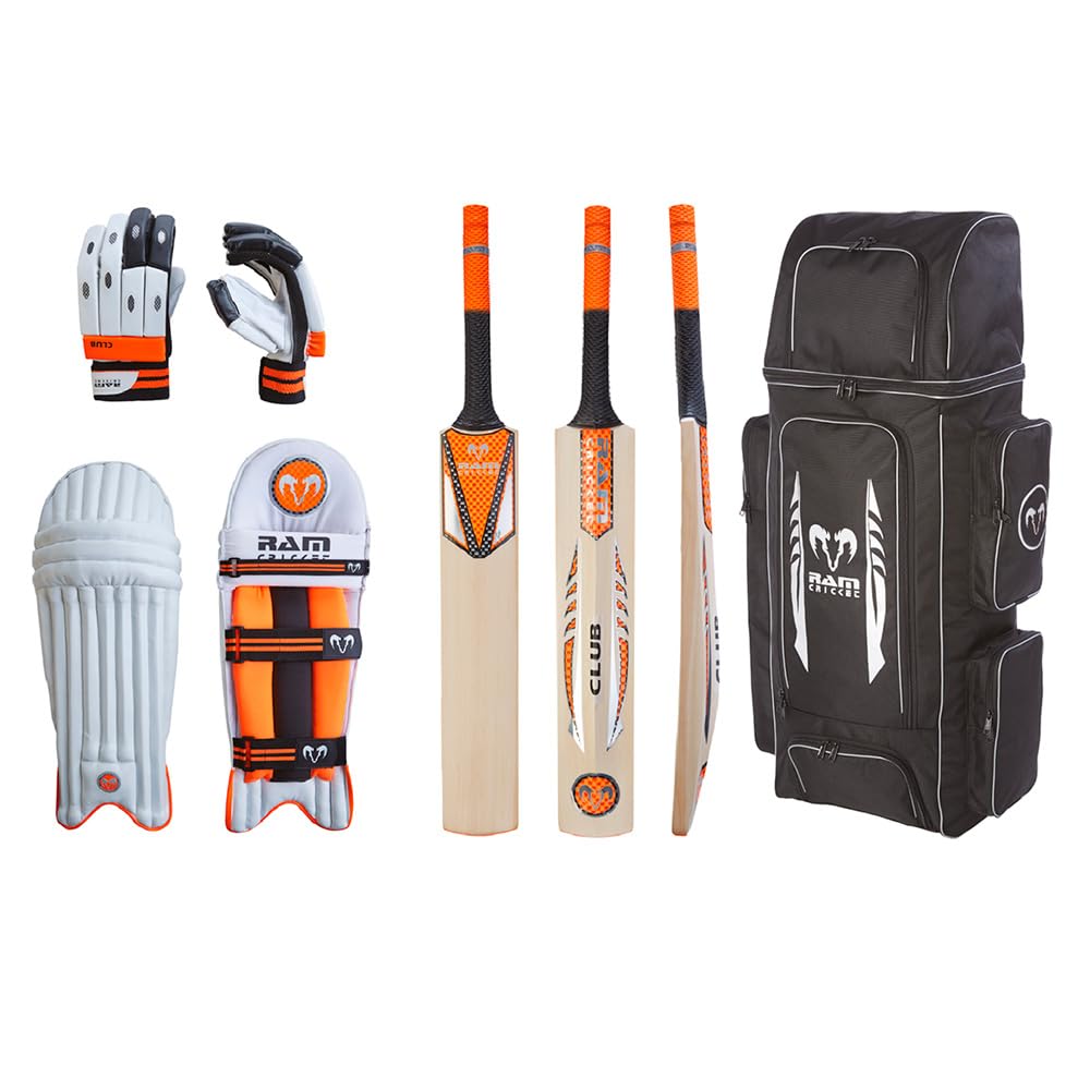 Ram Cricket Club Players Bundle - Complete Cricket Set with Cricket Bat, Batting Gloves, Pads & Duffle Bag. Perfect for Club, School & Casual Play - Available in Mini (Size 1) and Junior (Size 5)