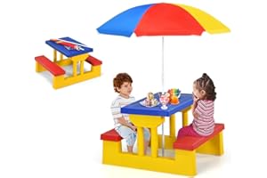 MAT EXPERT Kids Picnic Table, Plastic Toddler Picnic Table & Chair Set w/Removable & Foldable & Height-Adjustable Umbrella, Children Patio Furniture, Kids Outdoor Table for Garden Backyard (Multi)