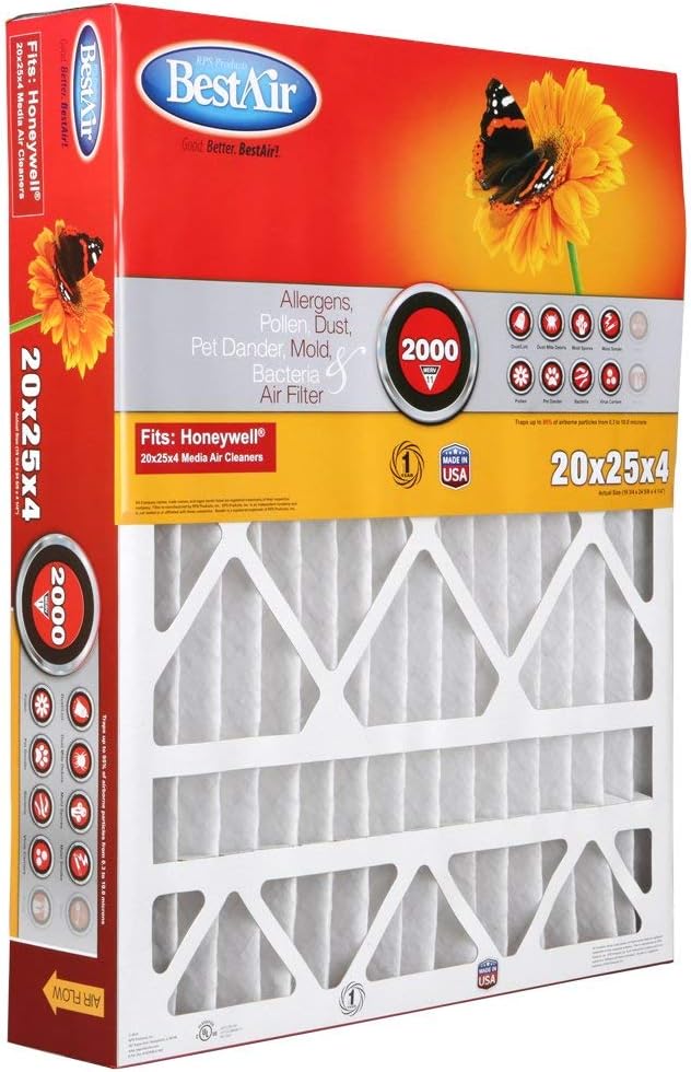 BestAir HW2025-11R Air Cleaning Furnace Filter, MERV 11, Removes Allergens & Contaminants, For Honeywell Models, 20" x 25" x 4", Single Pack