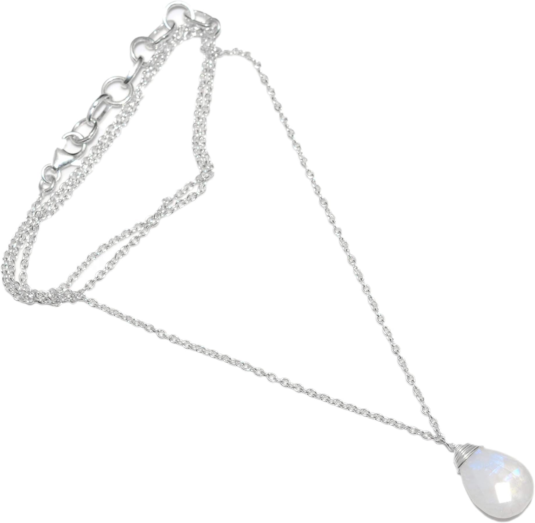 925 Sterling Silver Natural Rainbow Moonstone Necklace with Chain for Womens and Girls