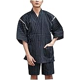 Men's Kimono Japanese Jinbei Shirt and Pant Cotton Linen Loungewear Lounge Set Spa Bathrobe, Style 5 Multicolor