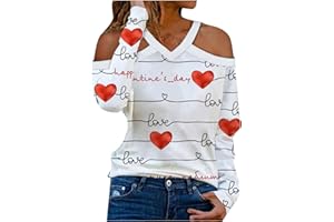 WPOUMV Women Valentines Day Love Heart Shirts Sexy Off The Shoulder V Neck Tops Funny Novelty Graphic Long Sleeve Blouses
