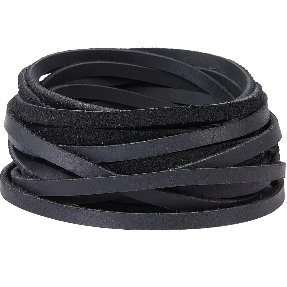 GORGECRAFT 5m x 5mm Black Genuine Leather Strips Flat Leather Cord 2mm Thick Cowhide String Braiding Thread Rope for DIY Crafts Necklace Bracelets Keychains Boot Lace Jewelry Making Supplies