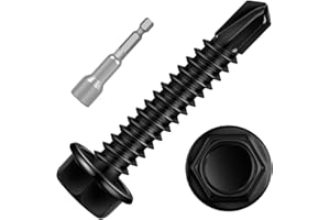 KVOHLUM 50 PCS #14 x 1-1/2" Sheet Metal Screws, Black Hex Washer Head Self Drilling Screw, Flanged Self Tapping Screws, 410 Stainless Steel, Hex Bit Socket Included
