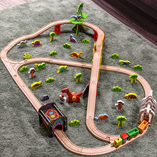 COSSY Dinosaur Theme Wooden Train Set - 81 pcs Railway Tracks & Accessories, Magnetic Trains Cars for Toddlers & Older Kids (Large)