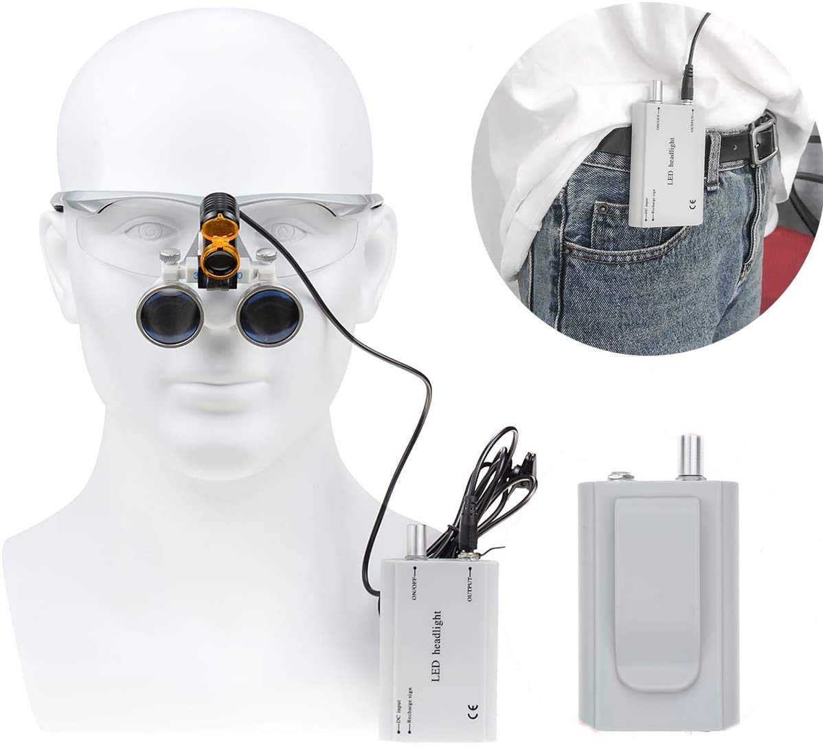 Mike Dental 008 Surgical Binocular loupes 3.5X420MM Dental Loupes Magnifier +5W Portable LED Headlight Plug in Clip Head Light with Filter +Black Bag (Silver)