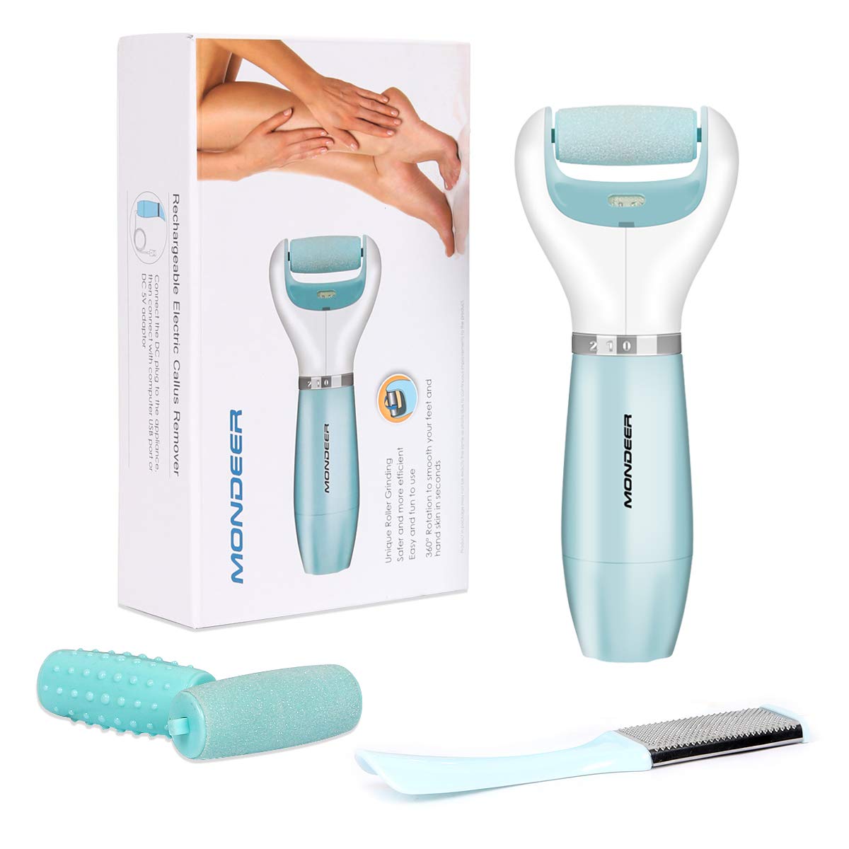 Mondeer Electronic Callus Remover, Blu-ray Disinfection Pedicure Tool, Foot Massage, 3 Rollers Included(Fine Grinding Roller/Rough Grinding Roller/ Massage Roller), Unisex, A Free Foot File Included.